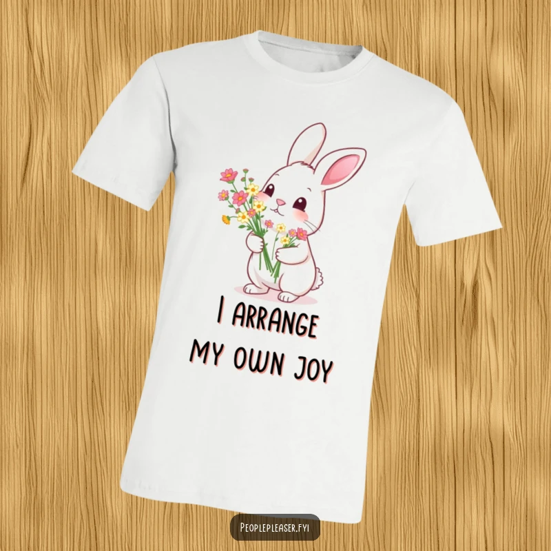 Funny T-Shirt: A charmingly diligent rabbit holds a meticulously arranged bouquet of tiny flowers, embodying a sweet and humorous persona.