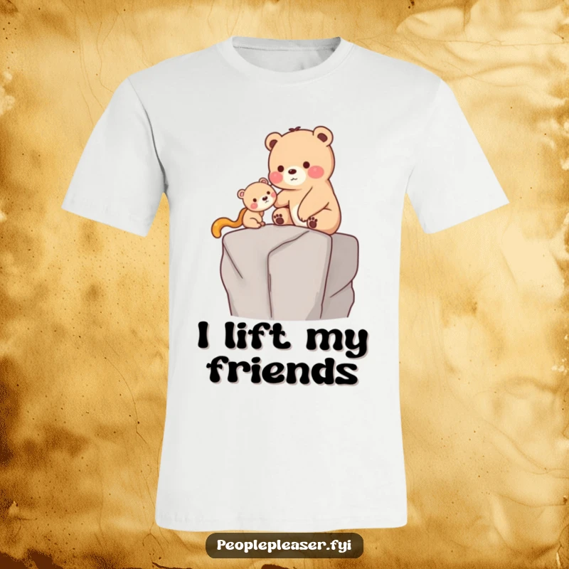 Funny T-Shirt: A caring bear gently assists a smaller creature onto a high ledge, depicting a humorous and heartwarming scene of support.