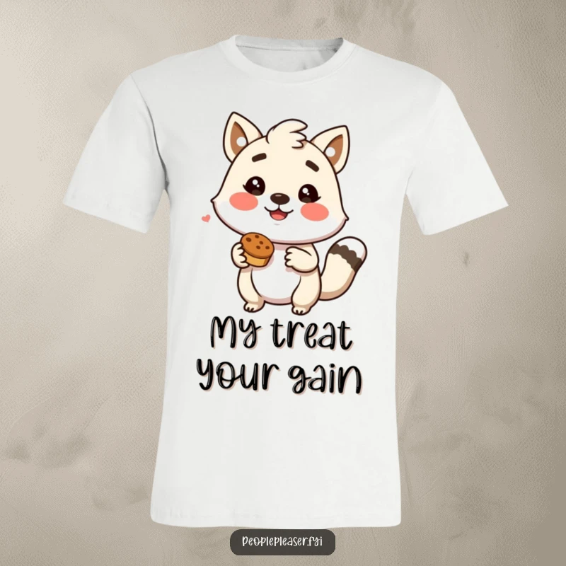 Funny t-shirt with an energetic animal character nodding excitedly, holding out a tempting treat, sharing pure delight.