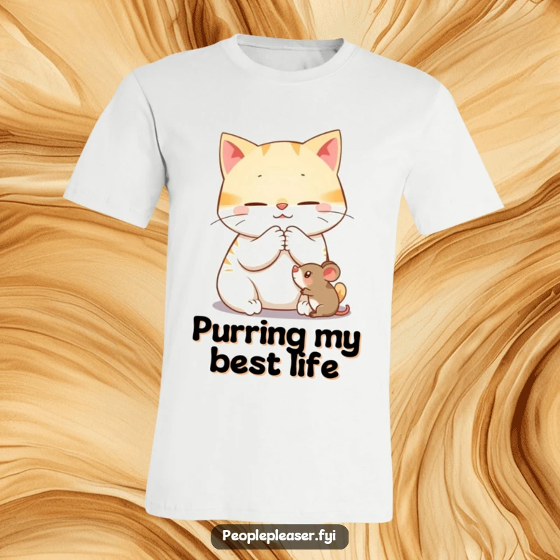 Funny t-shirt depicting a content cat character purring while gently grooming a toy mouse, showcasing relaxation and playful devotion.