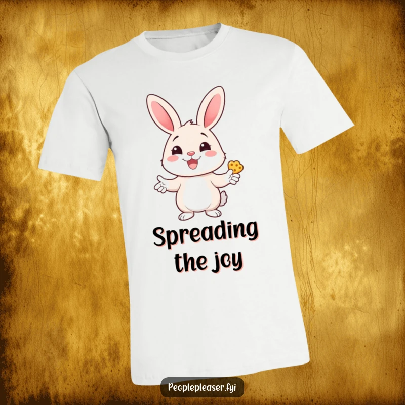 Funny bunny t-shirt featuring a cheerful bunny character handing out treats with a wide smile, showcasing generosity and humor.