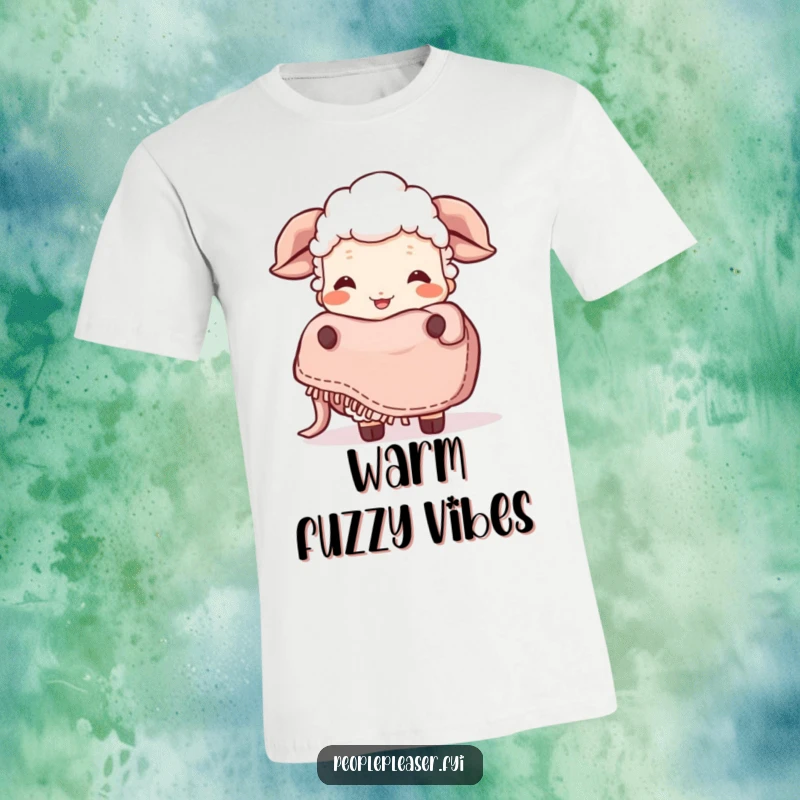 Funny Sheep T-Shirt: A giggling sheep character cheerfully presents a plush, cozy blanket, spreading warmth and mirth. Hilarious gift idea!