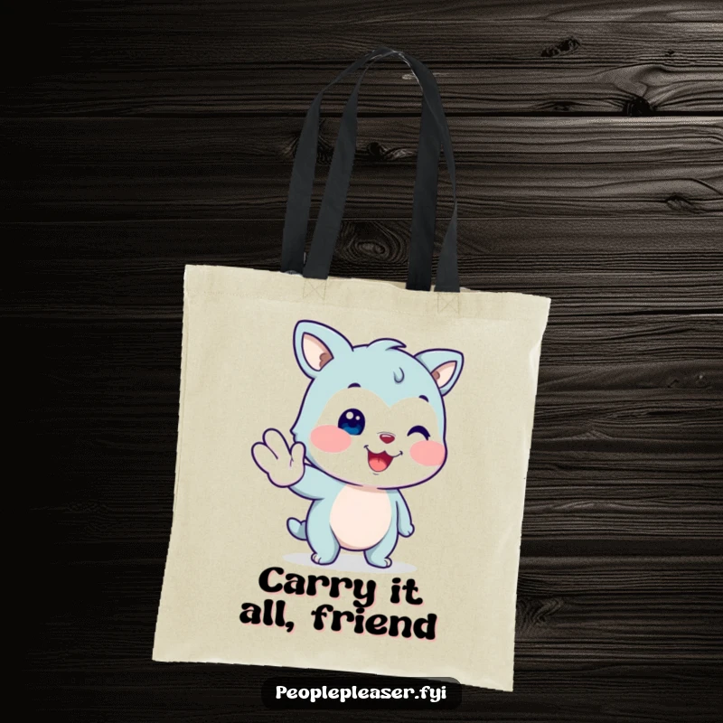 Funny smiling animal tote bag, extending a paw to help with a friendly grin, a humorous and practical accessory.