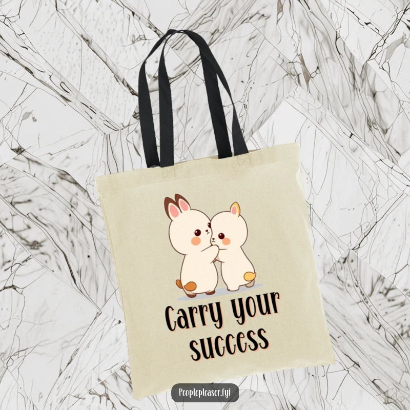 Funny tote bag with a small animal character offering a gentle pat and encouragement, symbolizing support.