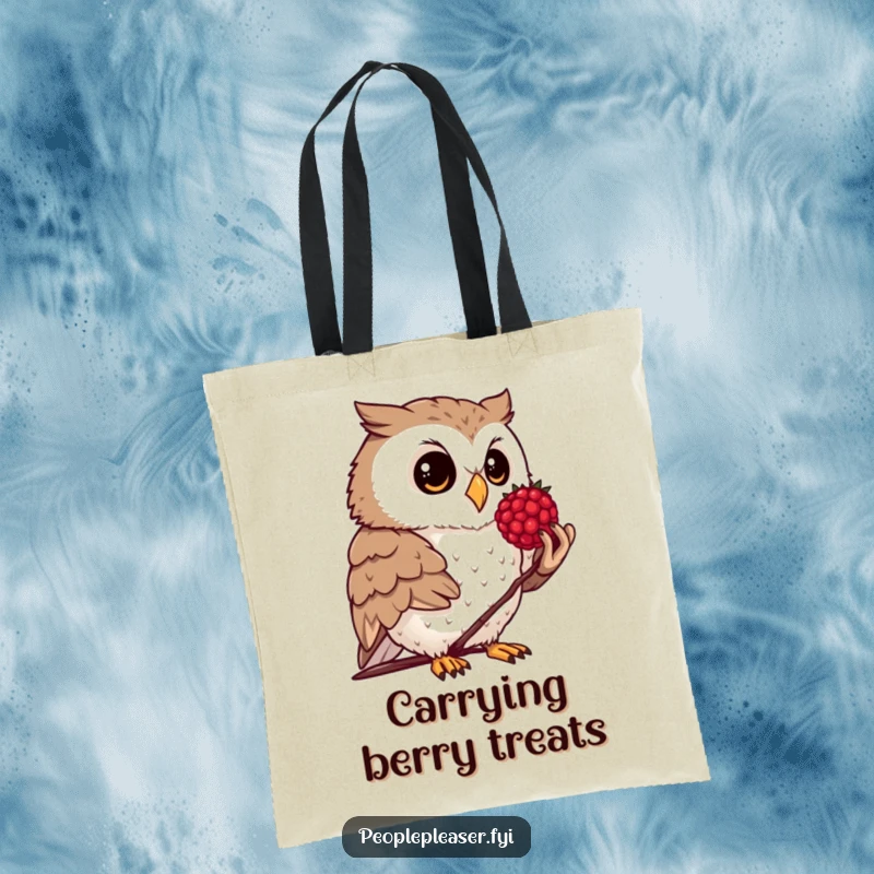 Funny tote bag with a curious owl offering a polished berry, perfect for carrying daily essentials.
