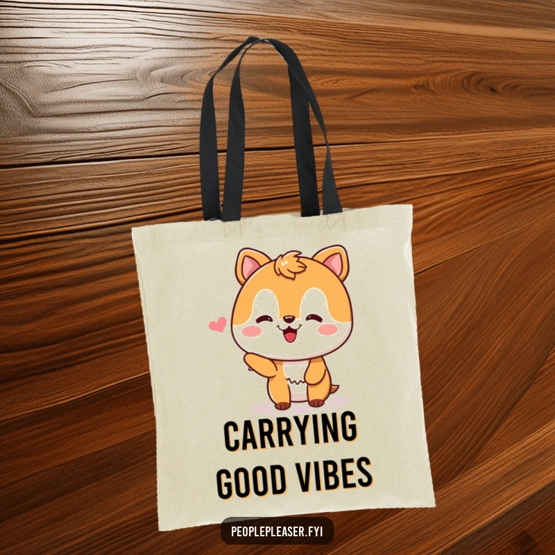 Funny Tote Bag with a pleased animal character blushing and smiling, accepting a compliment gracefully, ideal for carrying daily items with cheer.