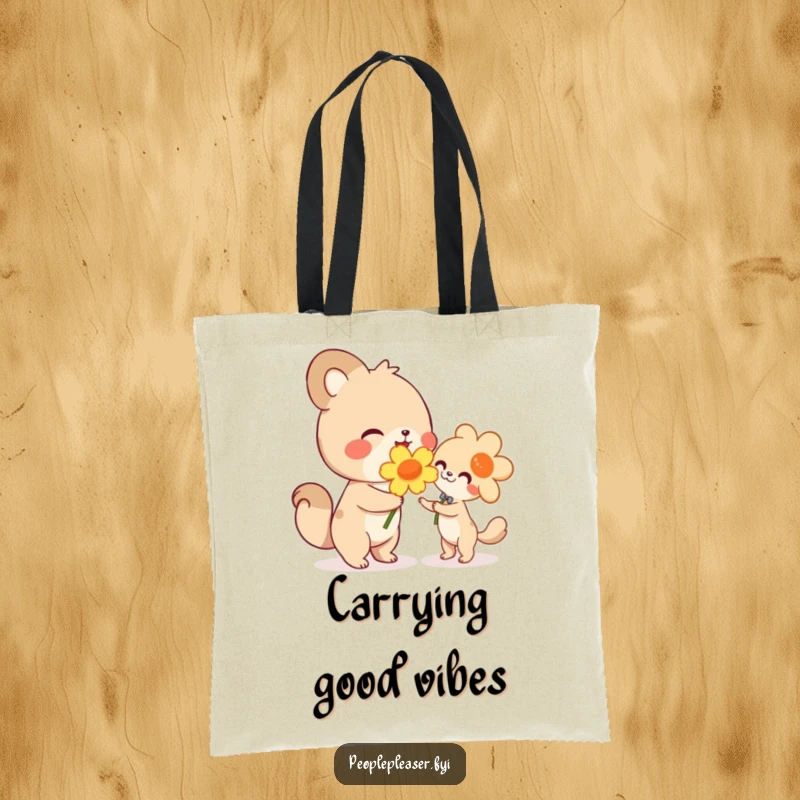 Funny tote bag, cute animal character happily presenting a large flower, symbolizing generosity and thoughtful giving with a humorous design.