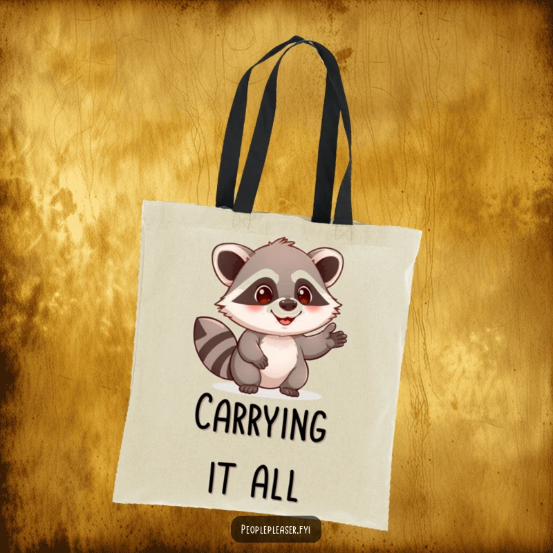 Funny raccoon tote bag showcasing a curious character offering a helpful hand, perfect for carrying items with a message of assistance.