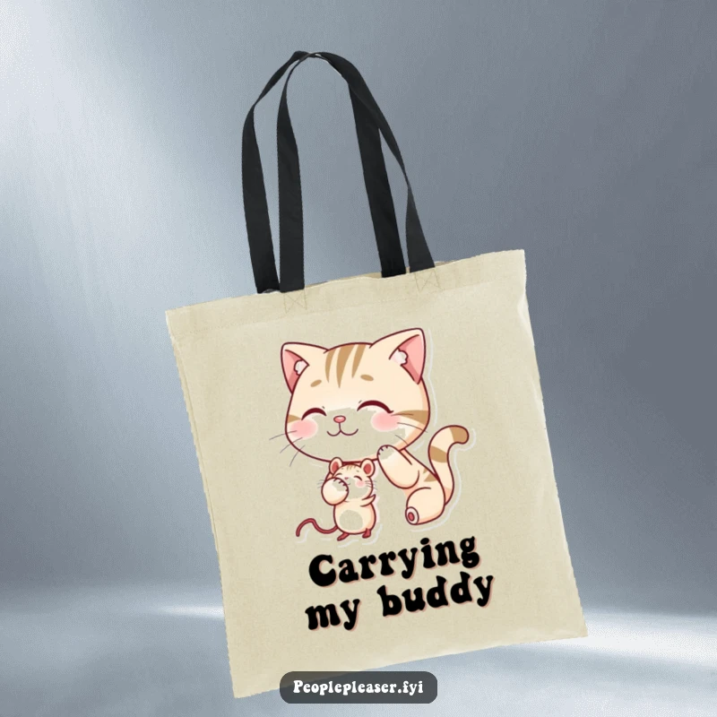 Funny tote bag showcasing a smiling cat patting a mouse on the head, cute and practical.