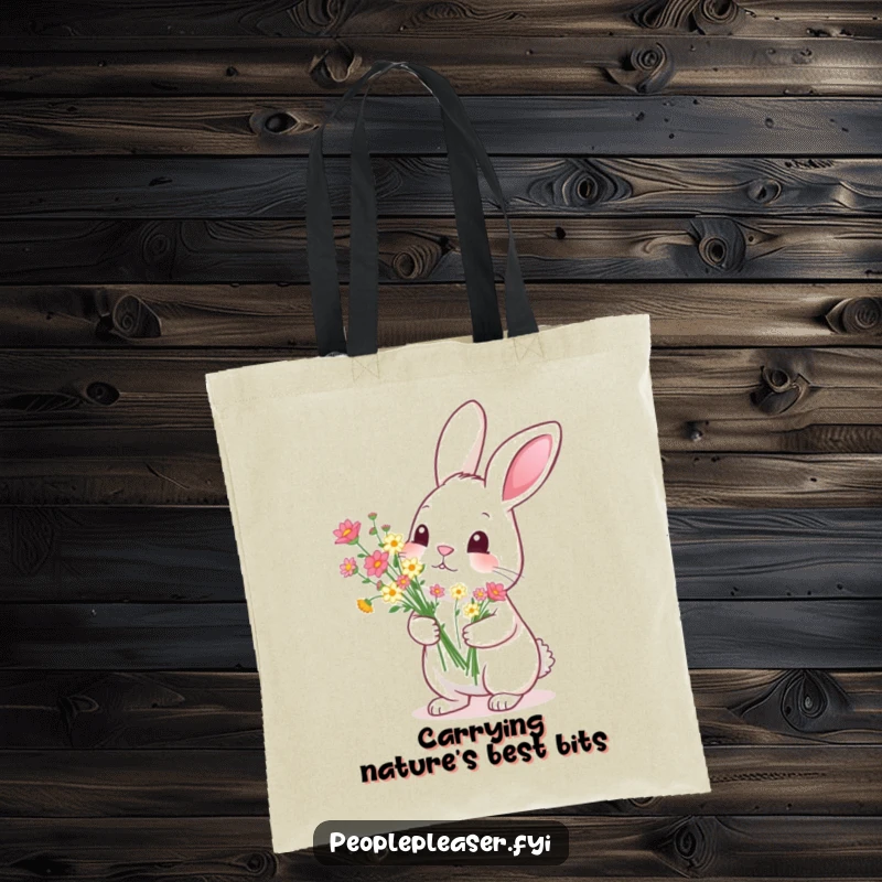 Funny Tote Bag: A diligent rabbit presents a beautiful bouquet of tiny flowers, a funny and sweet image of dedication.