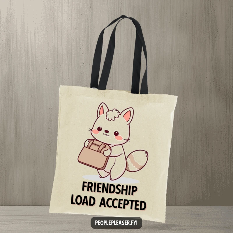 Funny Tote Bag: An animal mascot diligently carrying a large bag, symbolizing helpfulness and friendship.