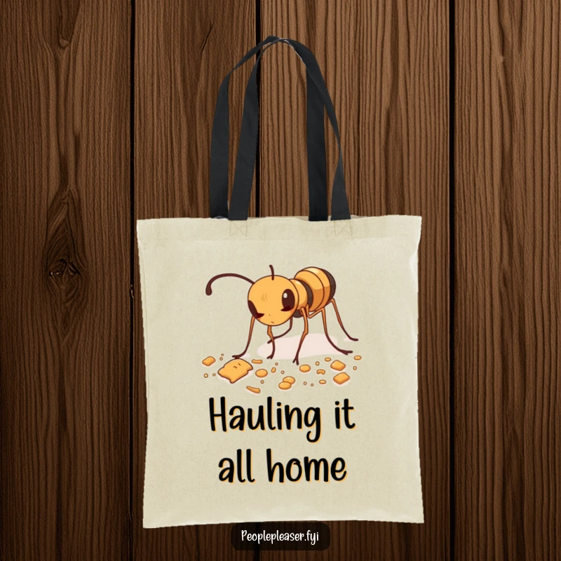 Funny tote bag with a diligent ant meticulously tidying up scattered crumbs, perfect for carrying daily items.