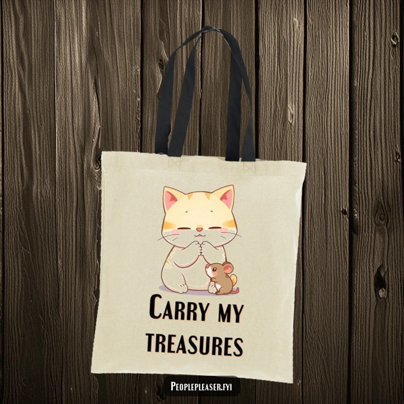 Funny tote bag showcasing a content cat character purring while gently grooming a toy mouse, ideal for everyday carrying.