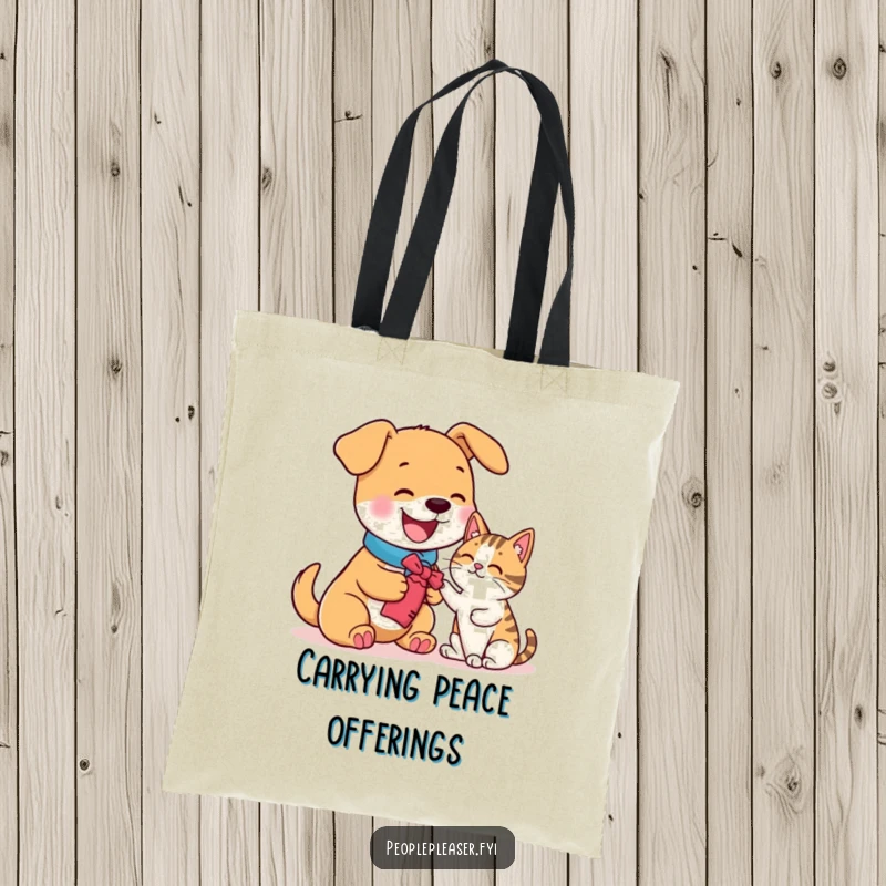 Funny tote bag showcasing a happy dog offering a toy to a cat, cute and practical.