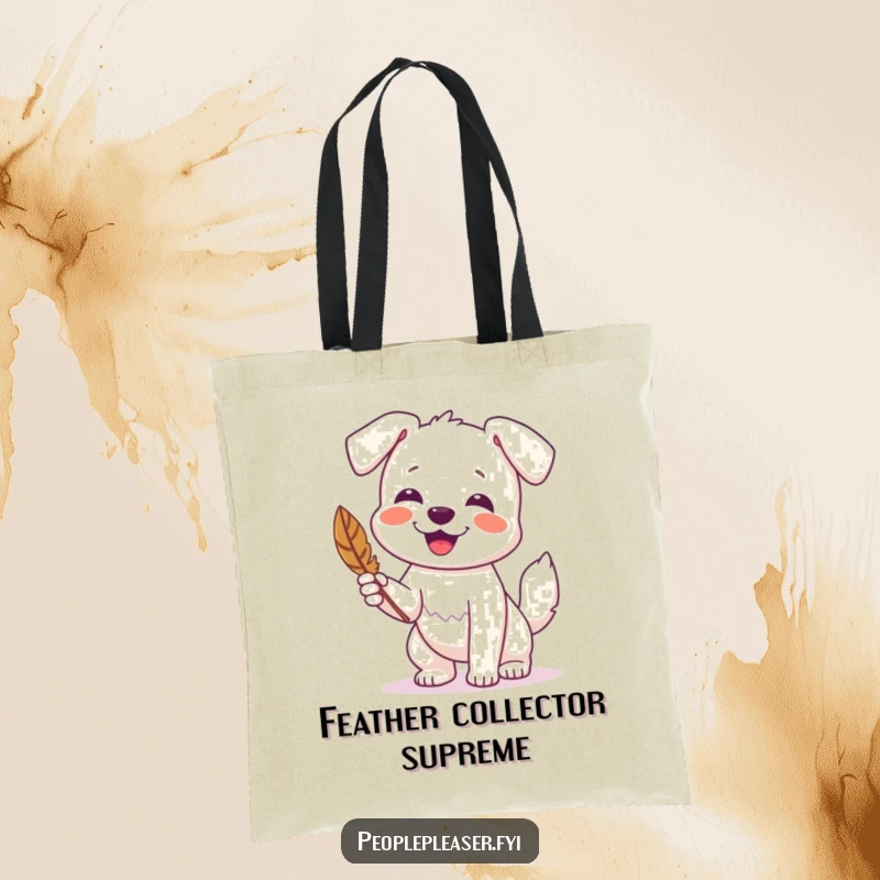 Funny tote bag with a happy dog wagging its tail and presenting a found feather, perfect for carrying items.