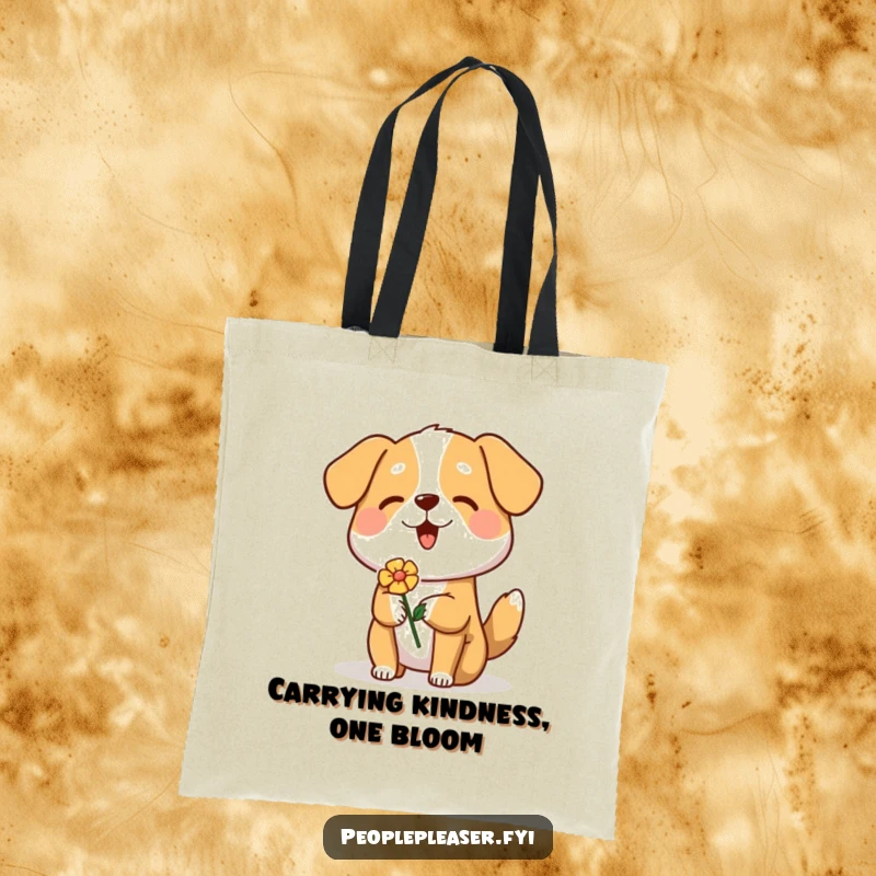 Funny Dog Tote Bag showcasing a cheerful dog presenting a flower, a perfect accessory for dog lovers and gift-givers.