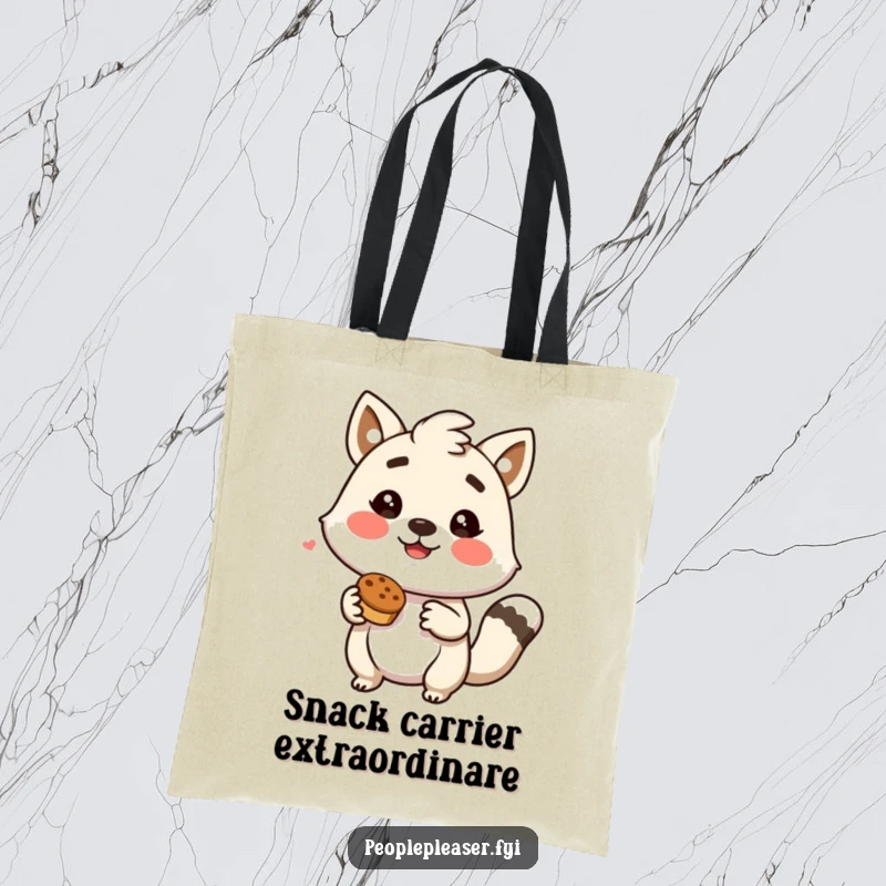 Funny tote bag with an adorable animal character eagerly nodding, offering a yummy treat, a symbol of generosity.