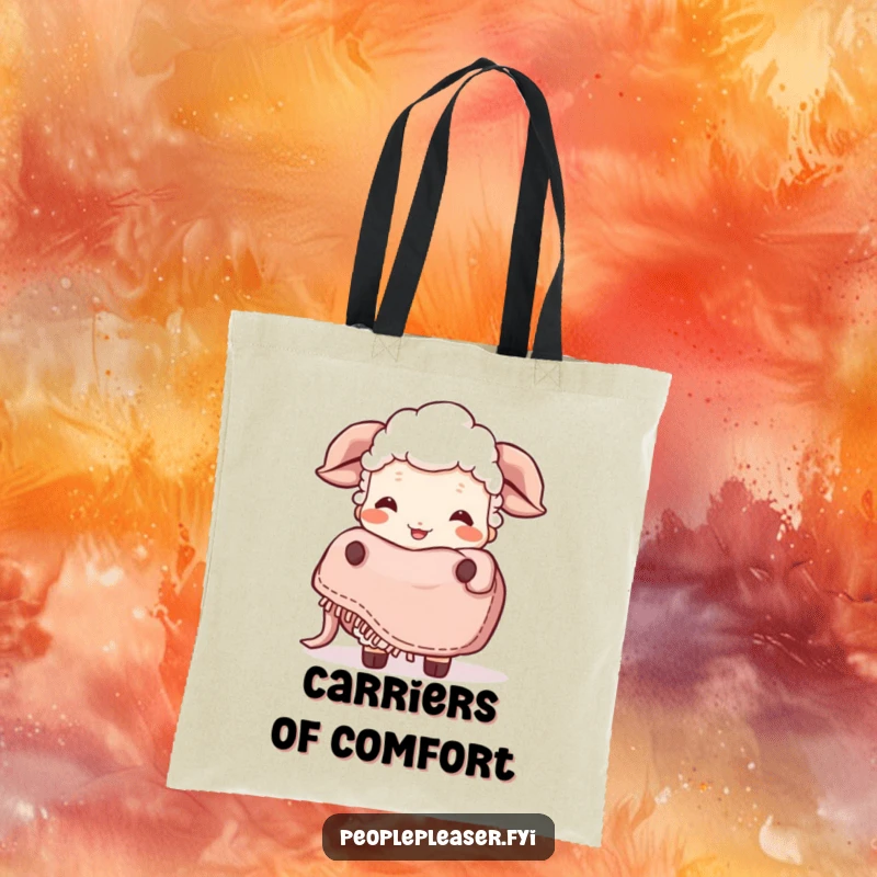 Funny Sheep Tote Bag: A giggling sheep character happily proffers a warm blanket, symbolizing comfort and joy. Ideal funny gift!