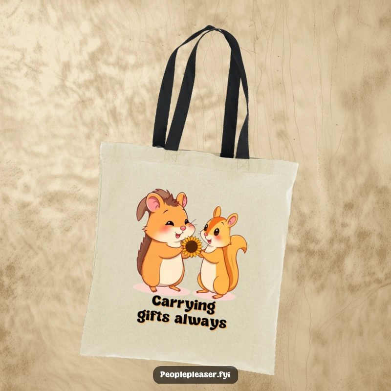 Funny tote bag illustrating a hamster presenting a sunflower seed to a squirrel, highlighting a moment of generosity.