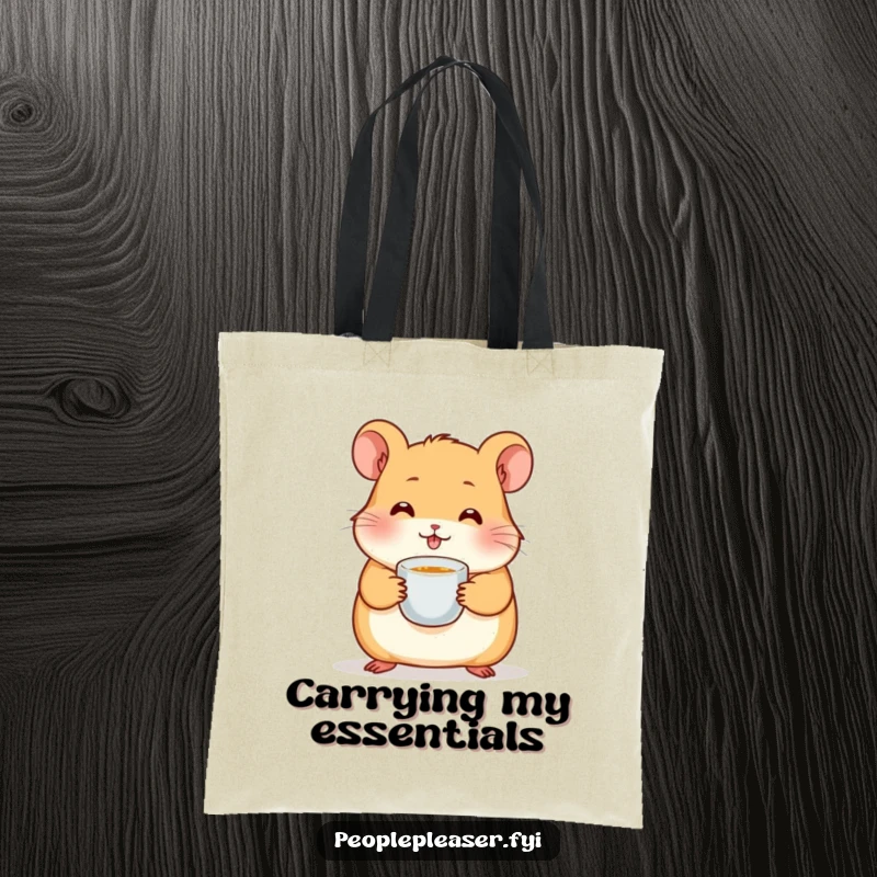 Funny hamster tote bag showcasing a cute character holding a miniature teacup, ideal for carrying items with a humorous animal theme.