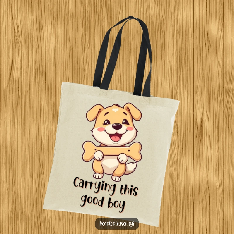 Funny tote bag with a happy dog character fetching a bone with a big smile, perfect for carrying essentials with joy.