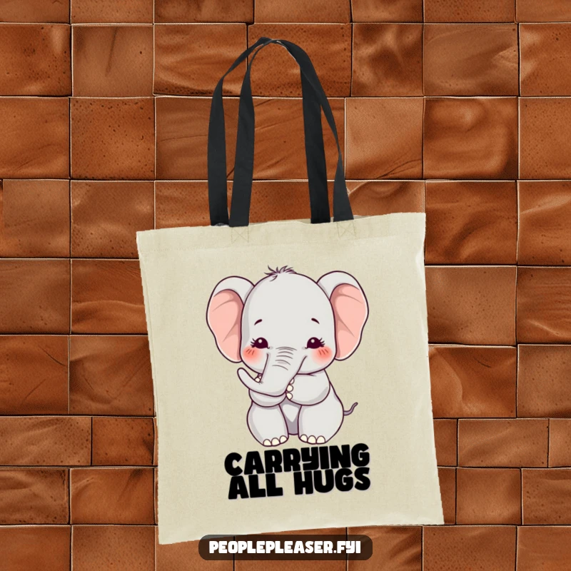 Funny Kawaii elephant tote bag featuring a character offering a soft hug with its trunk, ideal for carrying items with affectionate and cute style.