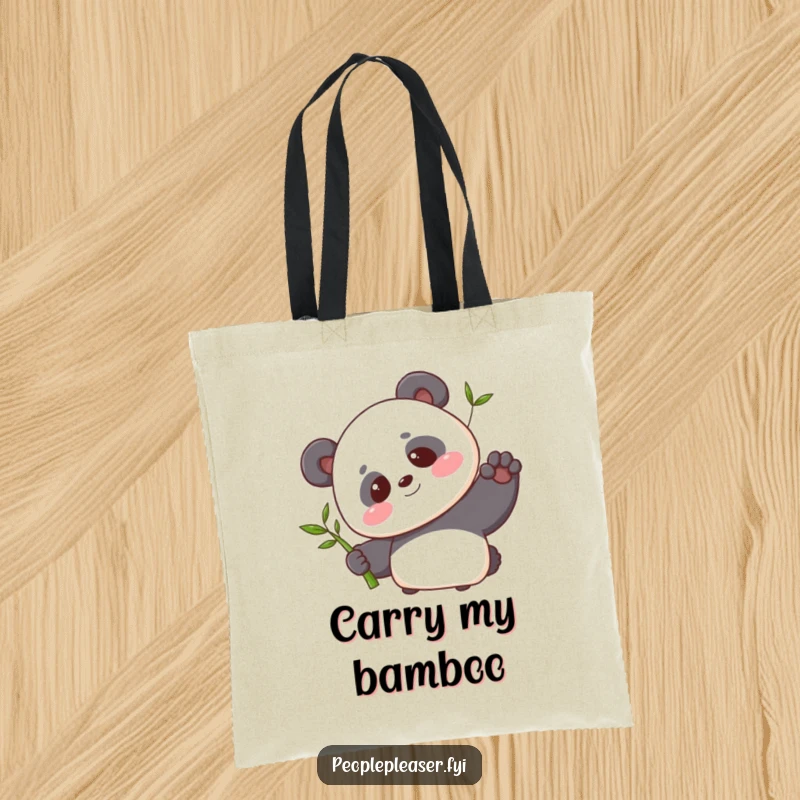 Funny tote bag showcasing a blushing panda character offering a single bamboo shoot with a sweet smile, perfect for carrying essentials.