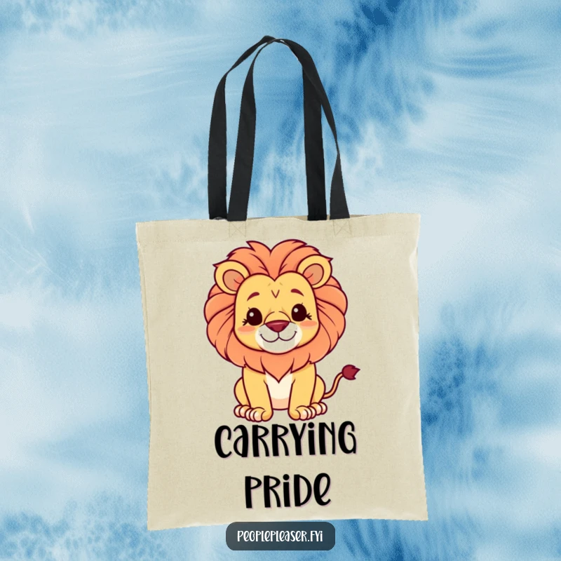 Funny tote bag graphic of a proud lion with a gentle smile, symbolizing quiet power and grace.