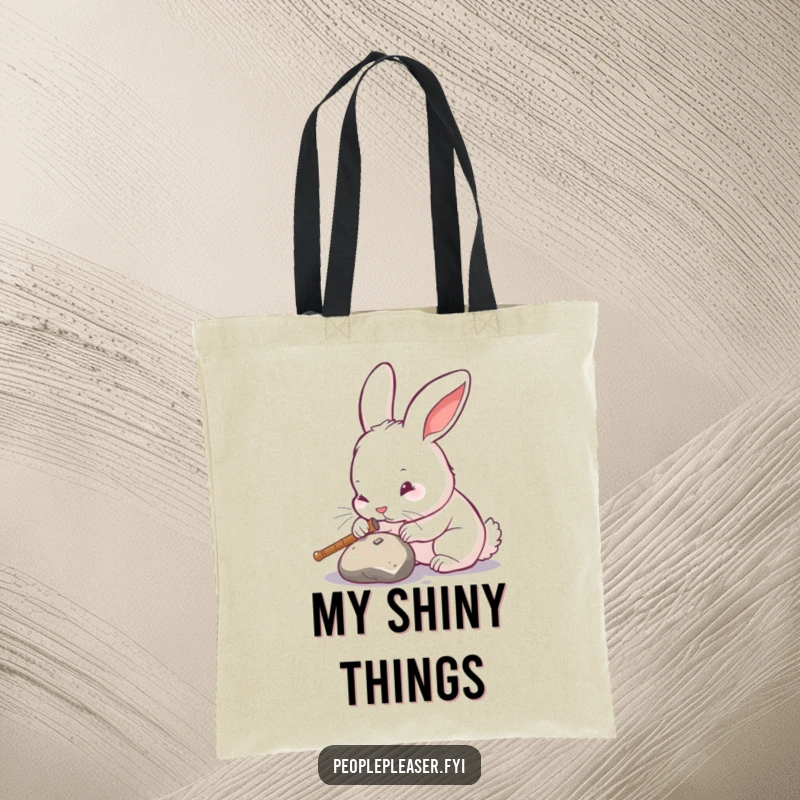 Funny rabbit tote bag, meticulously polishing a found item to a brilliant shine, showcasing a dedication to perfection.