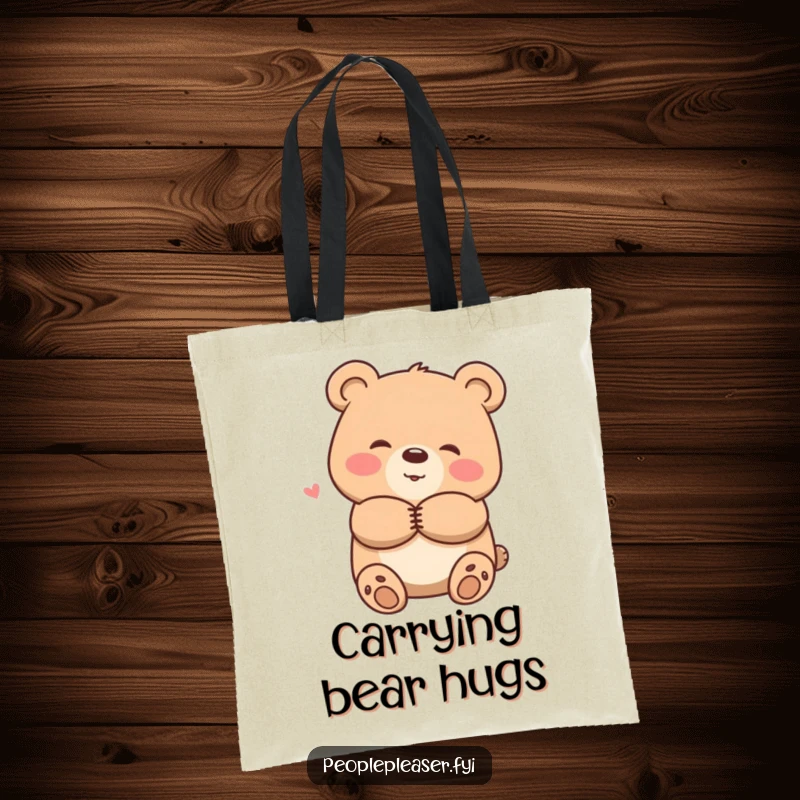 Funny tote bag with a smiling bear character offering a warm hug, perfect for carrying essentials with a feeling of comfort.