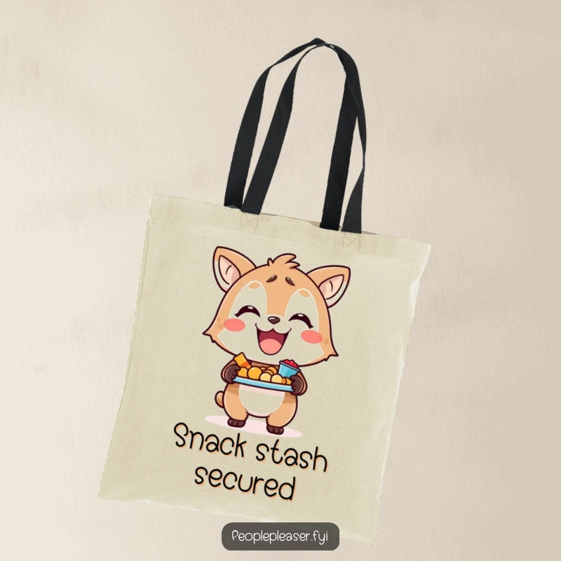 Funny tote bag with a cheerful animal character holding a tray full of snacks, perfect for carrying goodies.