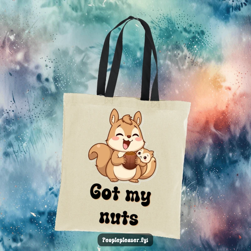 Funny squirrel tote bag showing a happy character offering a nut to a friend, perfect for carrying items with a message of generosity.