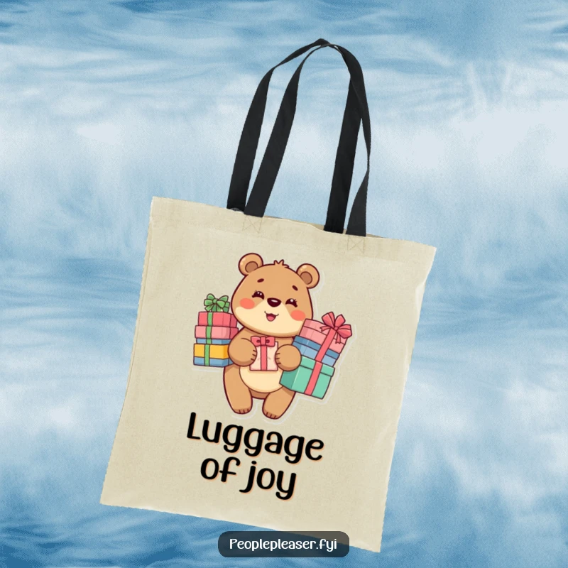 Funny Bear Tote Bag showcasing a happy bear holding a large stack of gifts, ideal for carrying goodies and spreading joy.