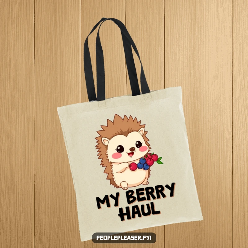 Funny Kawaii hedgehog tote bag featuring a character sharing its berries, ideal for carrying items with a helpful and kind style.