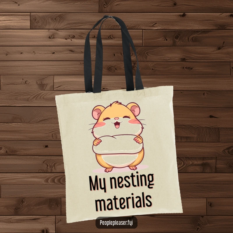 Funny tote bag showcasing a giggling hamster character presenting a perfectly rolled piece of bedding, symbolizing comfort and organization.