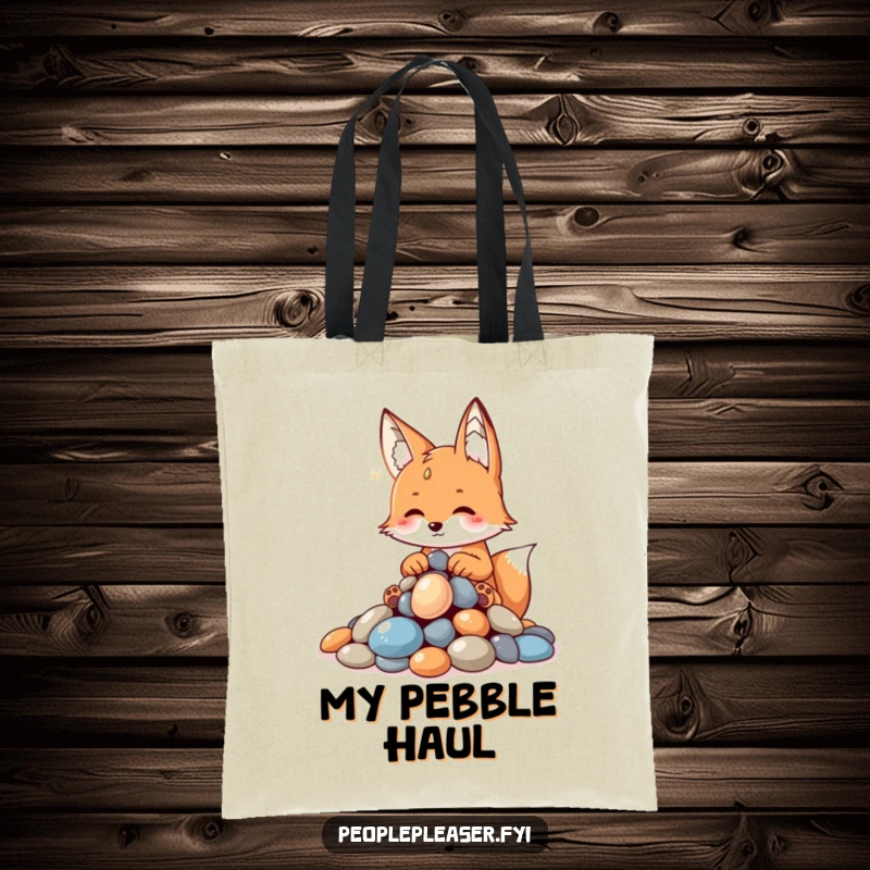 Funny fox tote bag, artfully arranging a pile of shiny pebbles, showcasing a clever collector's eye for detail and presentation.