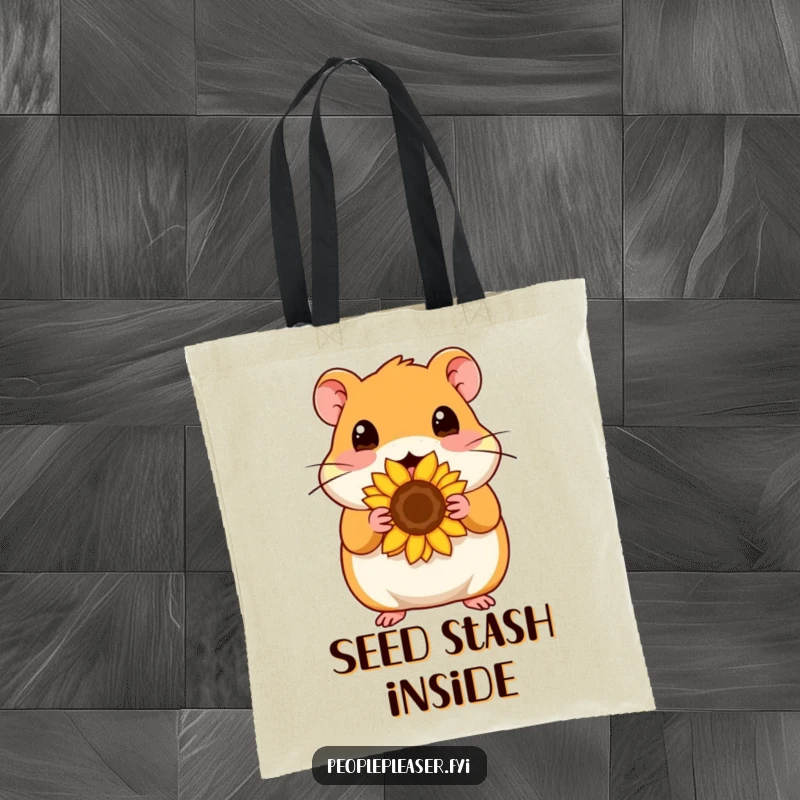 Funny Tote Bag: Content hamster character offers a sunflower seed, a cute and humorous accessory for carrying daily necessities.