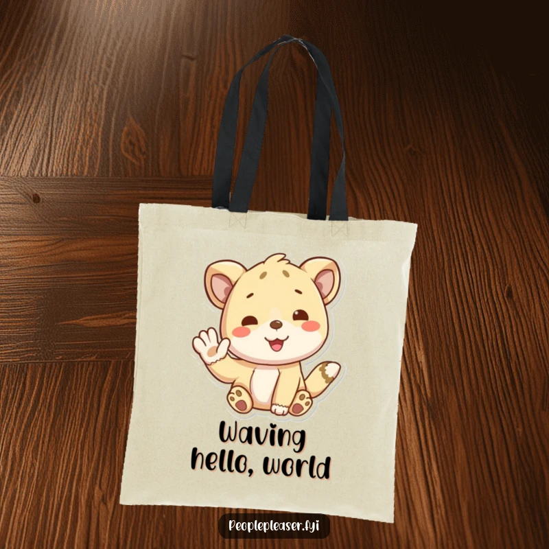 Funny tote bag featuring a playful animal character extending a friendly wave, ideal for everyday use. A wonderful funny gift.